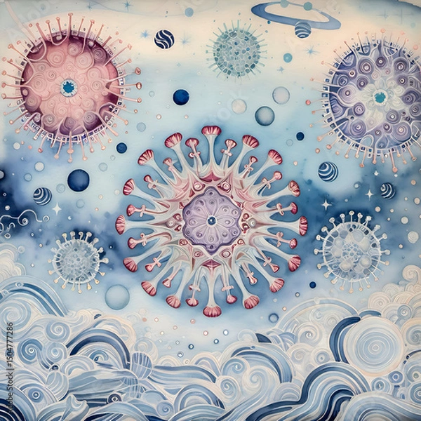 Fototapeta Soft geometric virus shapes drift like floating seeds across a patterned void. Their forms are stylized — crystalline yet floral — surrounded by orbits, waves, and dreamy ink detailing.