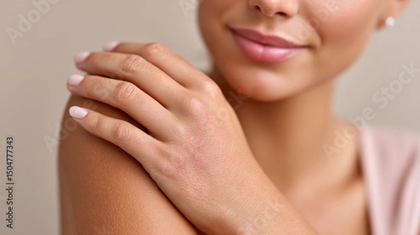 Fototapeta Post sunburn skin care with visible redness on forearm