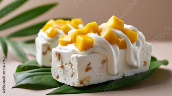Fototapeta Refreshing frozen yogurt bar with melting mango chunks on leaf backdrop for dessert inspiration