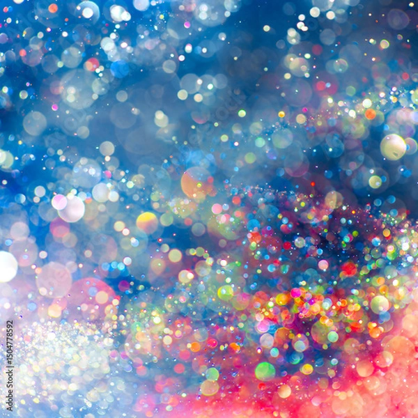 Fototapeta Rainbow of sparkling glitter creating mystical and vibrant spectrum of colors. Dreamy or magical shimmering particles glowing in a bokeh of lights. Ethereal aura with vivid colors abstract background.