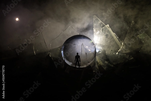 Fototapeta A silhouette of a person against the background of shattered glass. An abstract world made of glass shards. Surreal concept. Table top decoration.