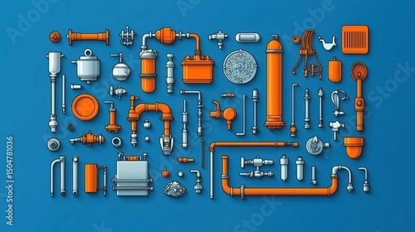 Fototapeta A comprehensive collection of plumbing and general hardware tools including wrenches pipes valves faucets screwdrivers drills hammers and other components neatly arranged on a vibrant blue background