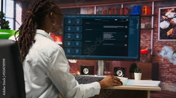 Fototapeta Woman solving personal tasks with AI LLM chatbot answering prompts using predictive technology. Person using computer in apartment to interact with large language model program, camera B