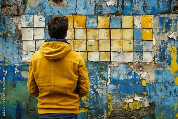 Obraz Contemplative Man Before a Weathered Tile Mosaic Wall
