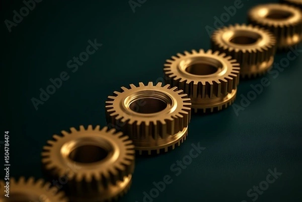 Obraz Golden Gears in a Row on Dark Green Background - Precision Engineering Concept