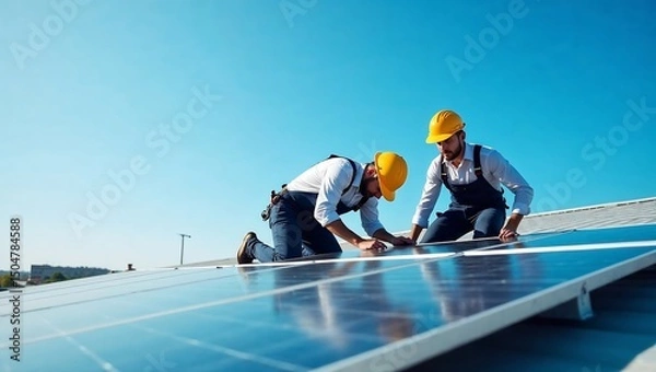 Fototapeta Two technicians are installing solar panels on the roof of a building with a bright blue sky in the background,business,memn