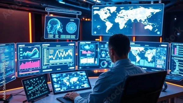 Fototapeta a working analyst surrounded by screens displaying cyber threats,digital,screen