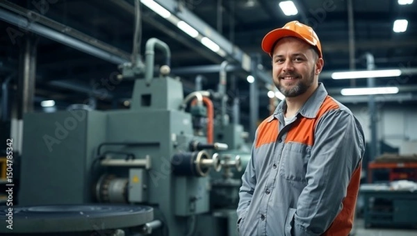 Fototapeta A factory worker stands next to a large production machine against an industrial lighting backdrop,job,factory
