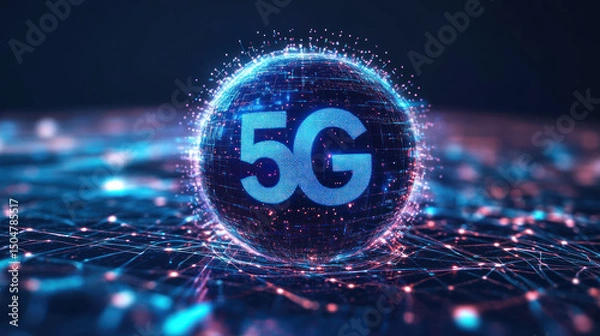 Fototapeta A 5g digital globe with network connections and ai data points glowing on dark background, symbolizing innovation and technology concept