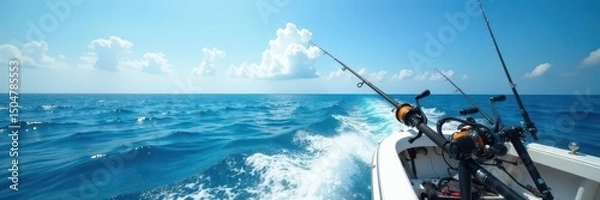 Fototapeta Blue sea panoramic view, boat fishing with trolling rod and reels, calm, summer