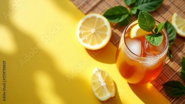 Fototapeta Refreshing Iced Tea with Lemon Slices – Summer Drink Flatlay