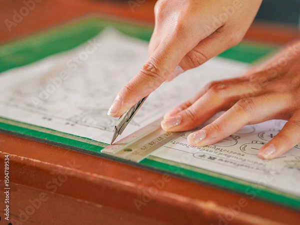 Fototapeta Closeup hand female using cutter to cut the paper in classroom at school. Lifestyle Concept Children's learning development and handwork or teaching students, education learning knowledge 