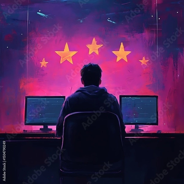 Obraz Cyberpunk Programmer Under Surveillance: Digital Star Rating