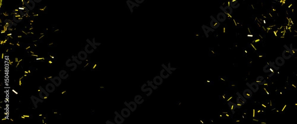 Fototapeta Many Party glitter scatter in many group. Golden Confetti Foil fall splashing in air. Gold Confetti Foil explosion flying, abstract cloud fly. Black background isolated element freeze