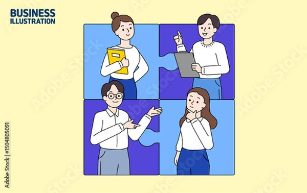 Obraz 여러명이 한팀이 되어 협동하며 맞춰가고있는 비즈니스 이미지(벡터)