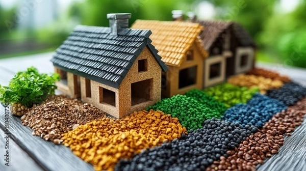 Fototapeta Miniature houses surrounded by colorful grains showcasing creativity and design