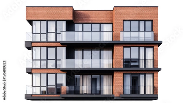 Obraz Modern Urban Apartment Building with Multiple Floors Isolated on White Background