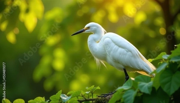 Fototapeta White egret resting in treetop, sunlight filtering through leaves , perch, rest, calm