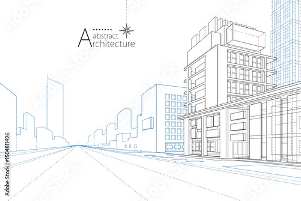 Fototapeta 3D illustration abstract urban building out-line drawing of imagination architecture building construction design.