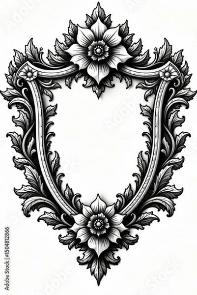 Fototapeta Ornate black & white floral shield Retro design, perfect for tattoo Baroque, Victorian style , victorian, retro