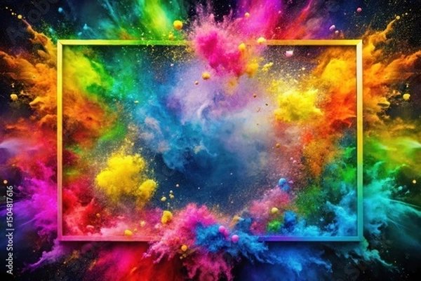 Fototapeta Vibrant Rainbow Powder Explosion with a Golden Rectangular Frame A Festive and Energetic Composition for Design Projects