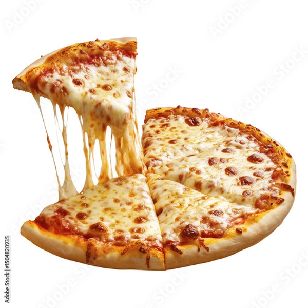 Fototapeta Italian Pizza with One Slice Lifted and Cheese Melting on Transparent Background