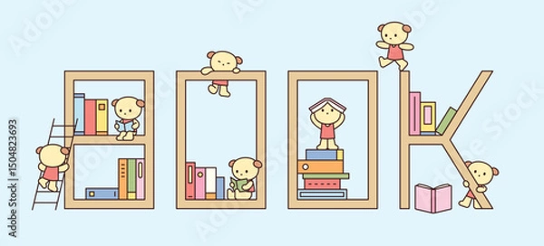 Obraz Cute bear characters playing and reading around bookshelves shaped like the word BOOK