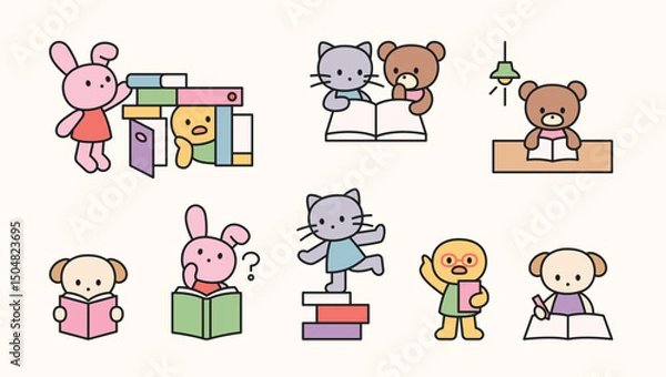 Obraz Cute animal characters reading, writing, and learning with books in playful and curious poses.