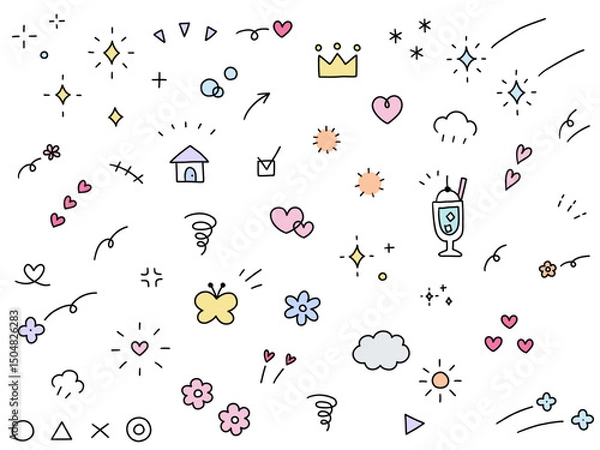 Fototapeta 手書きの飾りイラストのベクターイラストセット。手描き、集中線、花、落書き、ハート