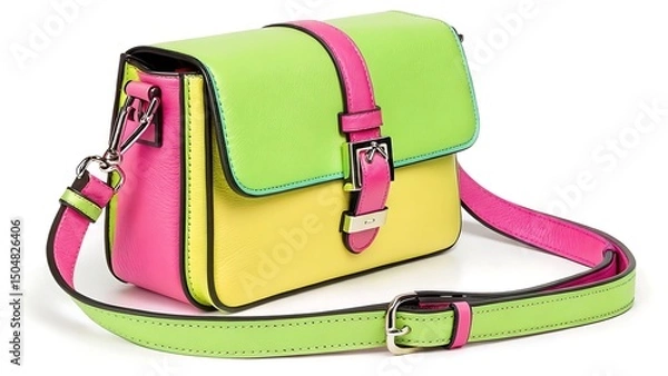 Fototapeta Close up of a colorful handbag with a strap and buckle detail