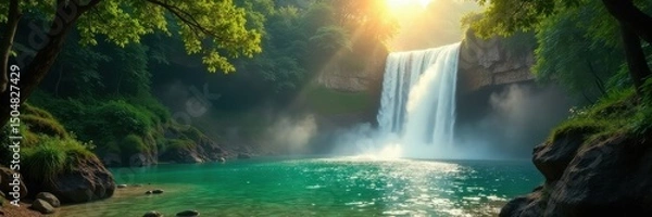Obraz Sunlit emerald waterfall plunges into misty pool, Thailand , lush, image, breathtaking