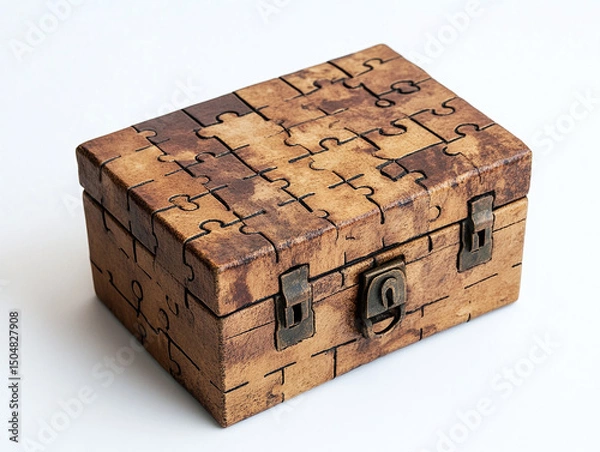 Fototapeta A puzzle box with complex locks, isolated on a white surface, with no shadow.