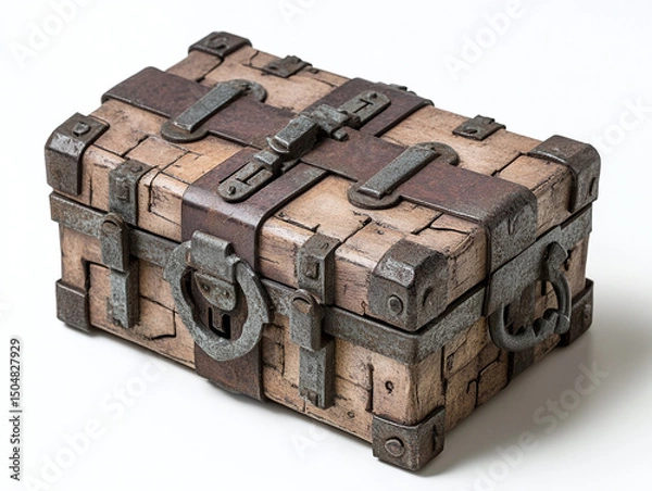 Obraz A puzzle box with complex locks, isolated on a white surface, with no shadow.