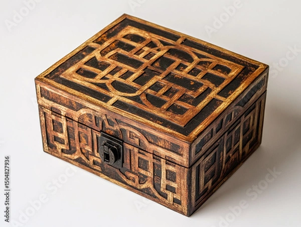 Fototapeta A puzzle box with complex locks, isolated on a white surface, with no shadow.