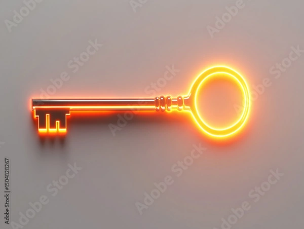 Obraz A secret key with a glowing symbol, isolated on a white surface, with no shadow.