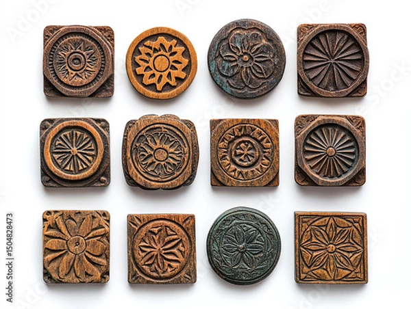 Obraz A set of hand-carved stamps, isolated on a white surface, with detailed designs and no shadow.