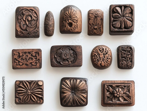 Obraz A set of hand-carved stamps, isolated on a white surface, with detailed designs and no shadow.
