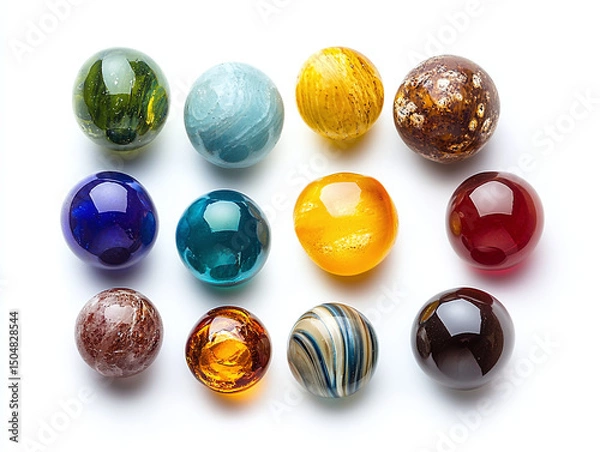 Obraz A set of handmade glass beads, isolated on a clean white background, with various colors and no shadow.