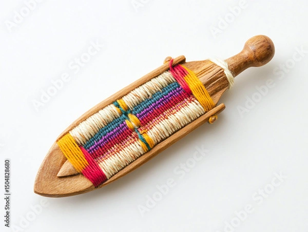Fototapeta A weaving shuttle, isolated on a white surface, with colorful threads and no shadow.