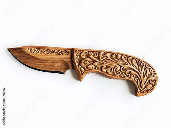 Obraz A wooden carving knife, isolated on a white surface, with intricate craftsmanship and no shadow.