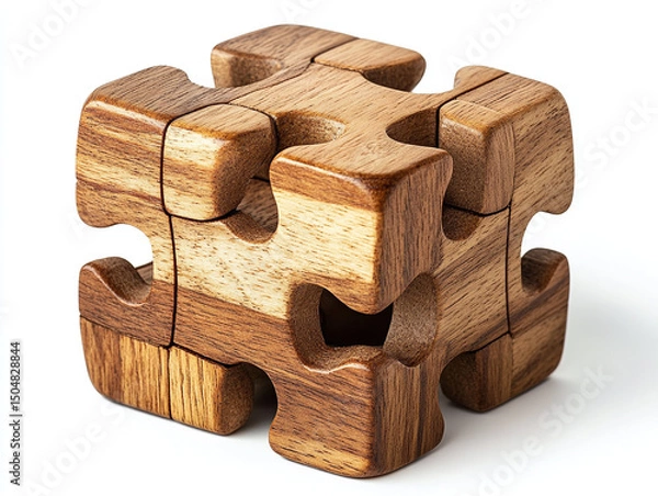 Obraz A wooden puzzle cube, isolated on a clean white background, with interlocking pieces and no shadow.