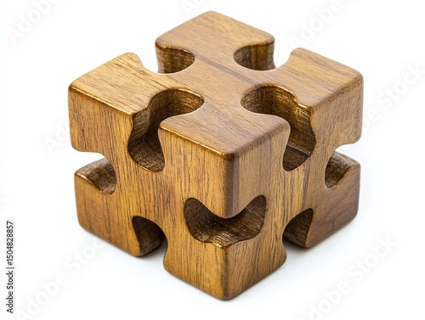 Obraz A wooden puzzle cube, isolated on a clean white background, with interlocking pieces and no shadow.
