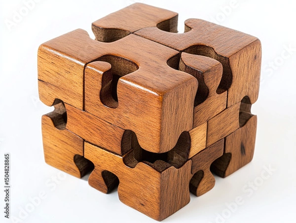 Obraz A wooden puzzle cube, isolated on a clean white background, with interlocking pieces and no shadow.