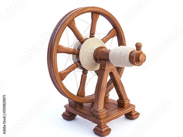 Obraz A wool spinning wheel, isolated on a clean white background, with wool threads and no shadow.