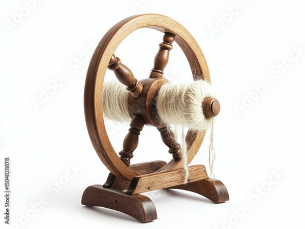 Fototapeta A wool spinning wheel, isolated on a clean white background, with wool threads and no shadow.