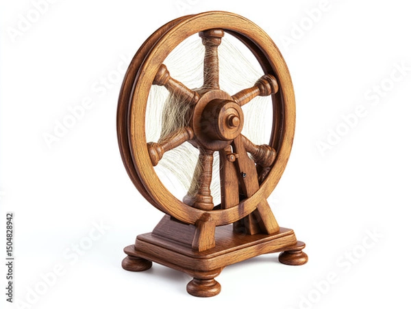 Obraz A wool spinning wheel, isolated on a clean white background, with wool threads and no shadow.