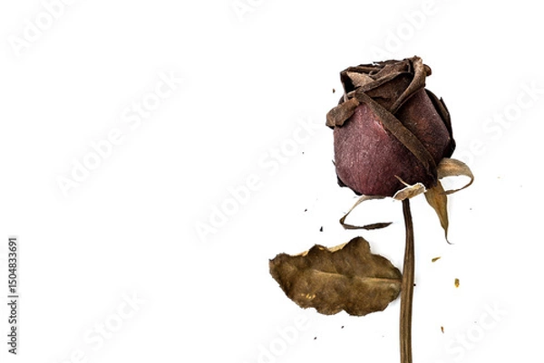 Fototapeta Red rose that has withered and faded to a deep brown over time on white background and copy space.