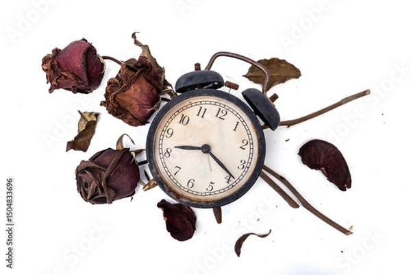Fototapeta The fading of time or aging days concept. Three Red rose that has withered and faded to a deep brown. old abandoned Black alarm clock analog classic style is rusty and dirty on white background.