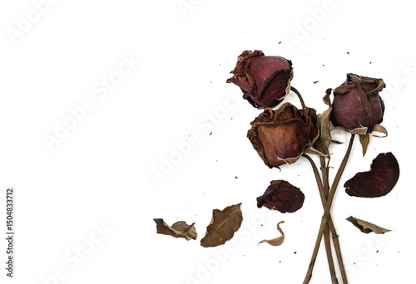 Fototapeta Three Red rose that has withered and faded to a deep brown over time on white background and copy space.