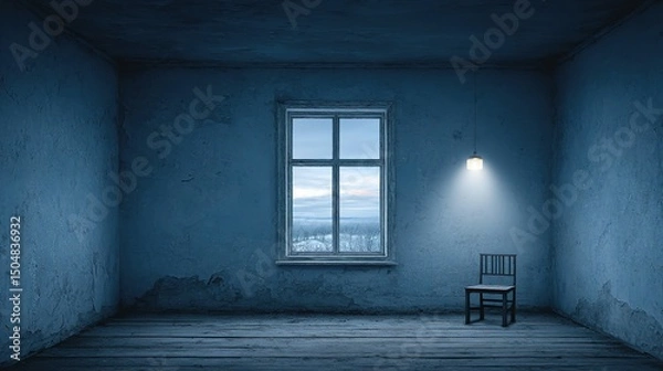 Fototapeta An empty room with a single chair illuminated by a small light.